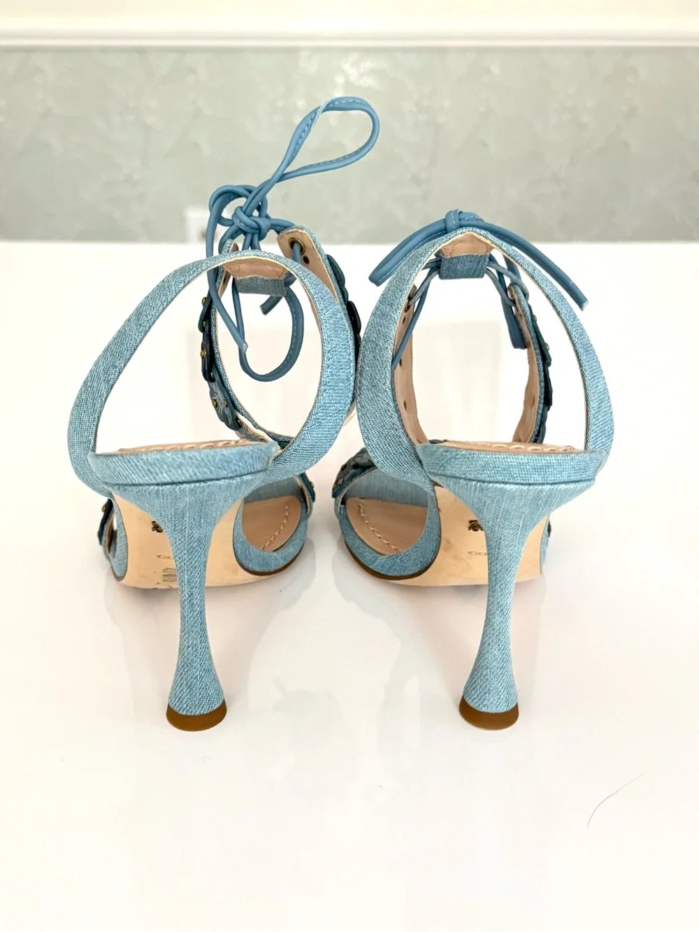 Coach Light Blue Denim Floral Appliqué High Heel Sandals